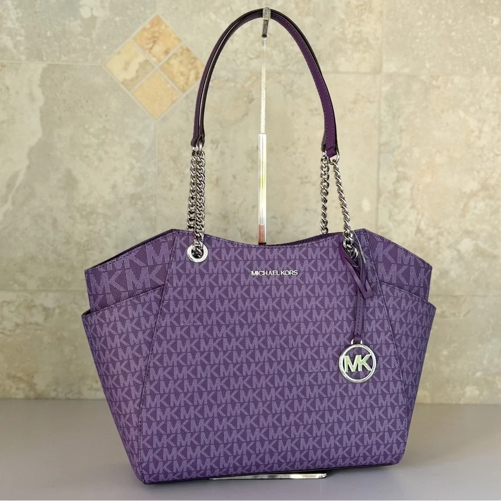 Michael Kors Jet Set Travel LG Shoulder Chain Tote Bag MK Dark Purple - Picture 3 of 14